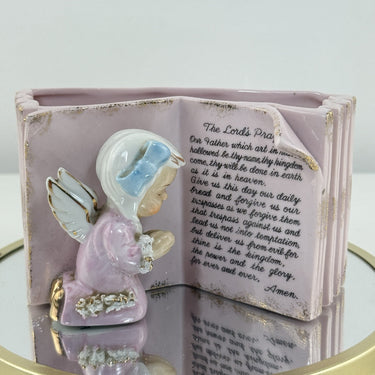 Vintage Ceramic Angel Praying by Lord’s Prayer Book Pink Planter 5”Figurine Gift0