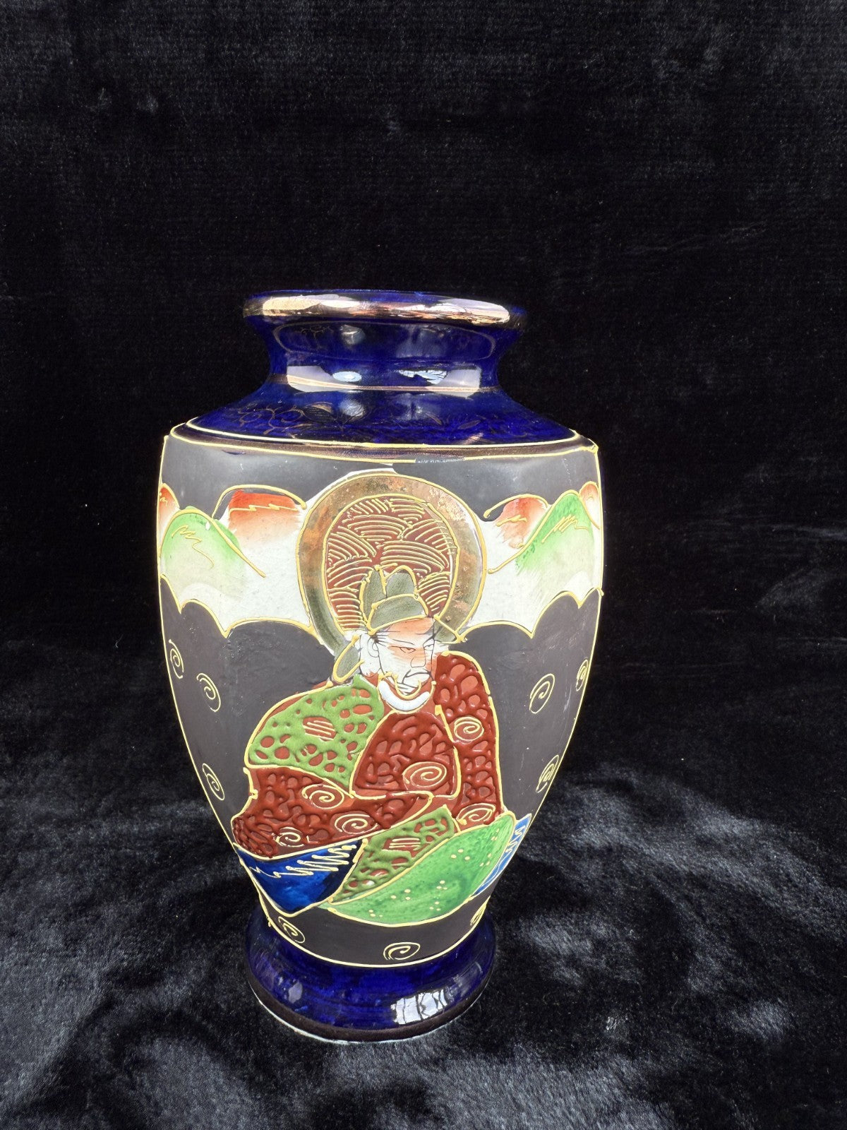 Oriental Hand-Painted navy blue Vase - 'Foreign' Mark Porcelain Antique Satsuma.1