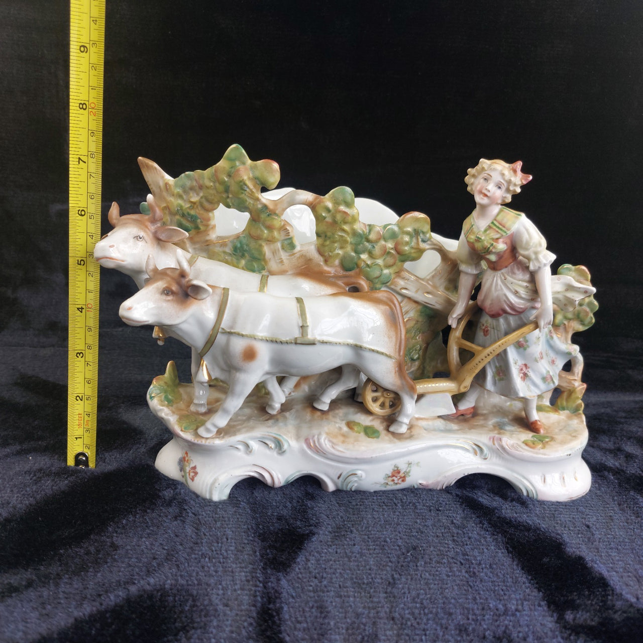 German Antique Porcelain Girl Oxen Cart Planter – Hand Painted 7"x10" 1261g15