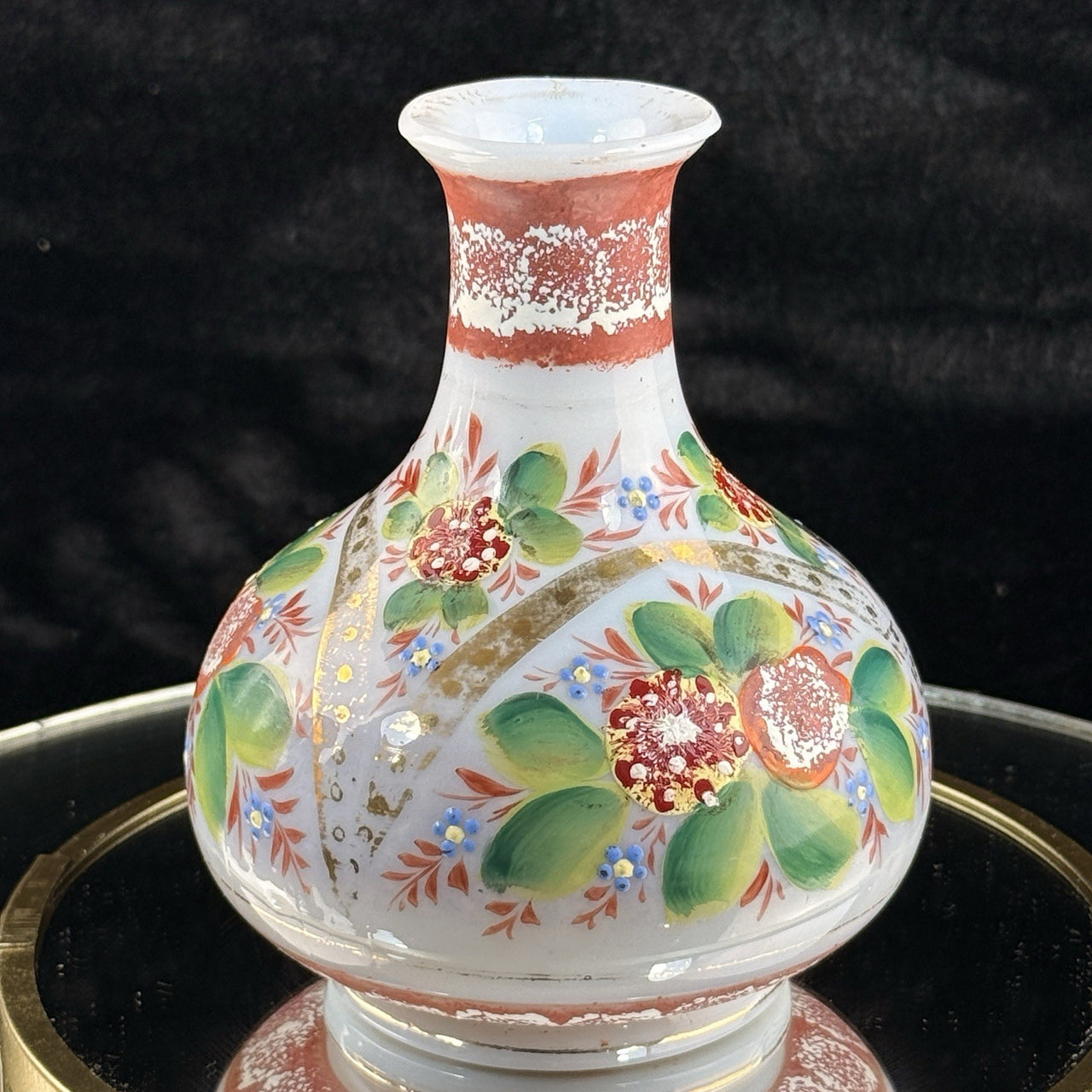 Victorian Bohemian Glass Vase Hand Painted Floral Enamel 5” Art Nouveau Decor4