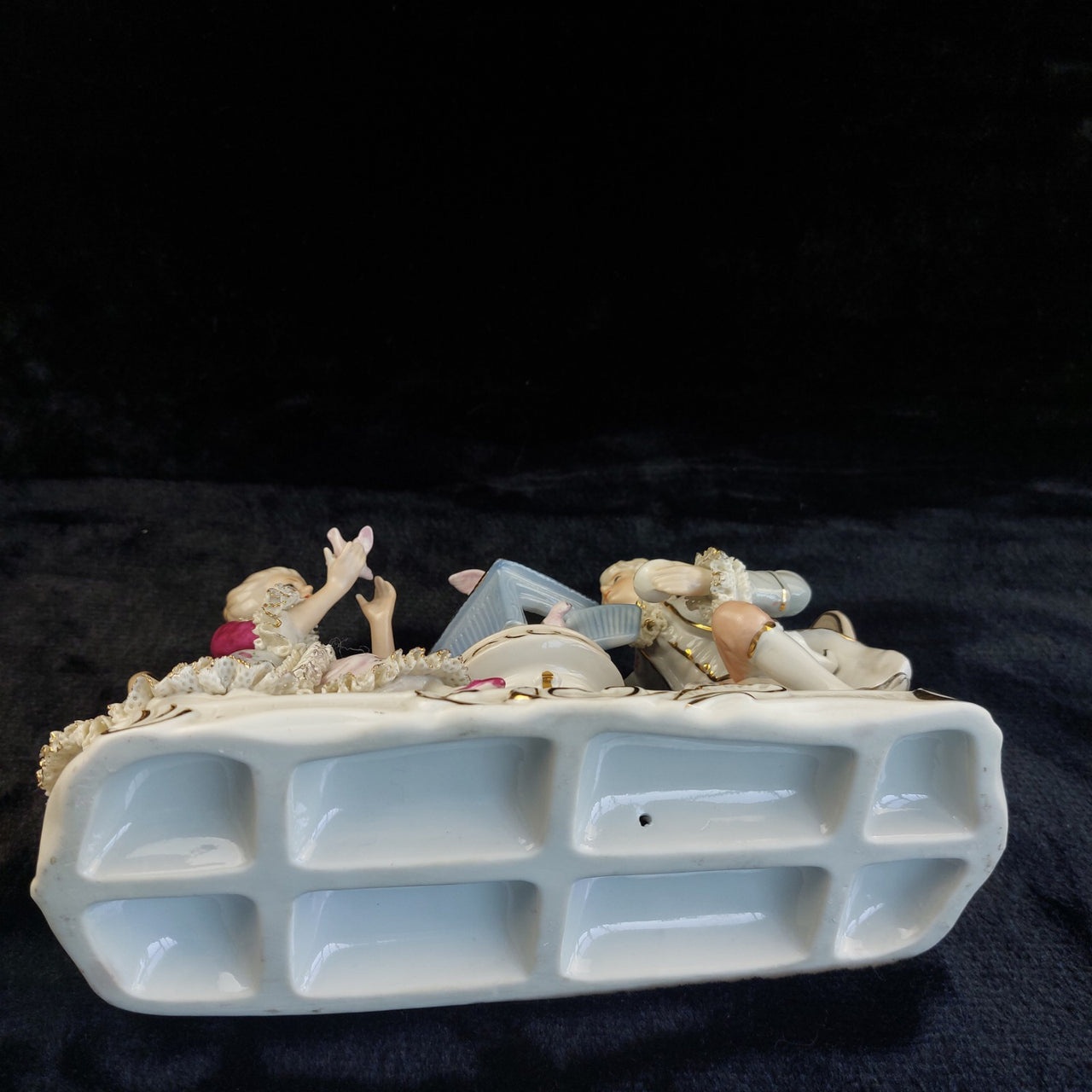 Dresden Style Porcelain Couple with Birds cage –Worn Lace & Tip Damage Gilt 9in19