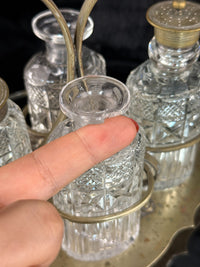 Thumbnail for Antique Brass & Cut Glass Cruet Set Four Bottle Table Castor Stand Marked EPNS.6