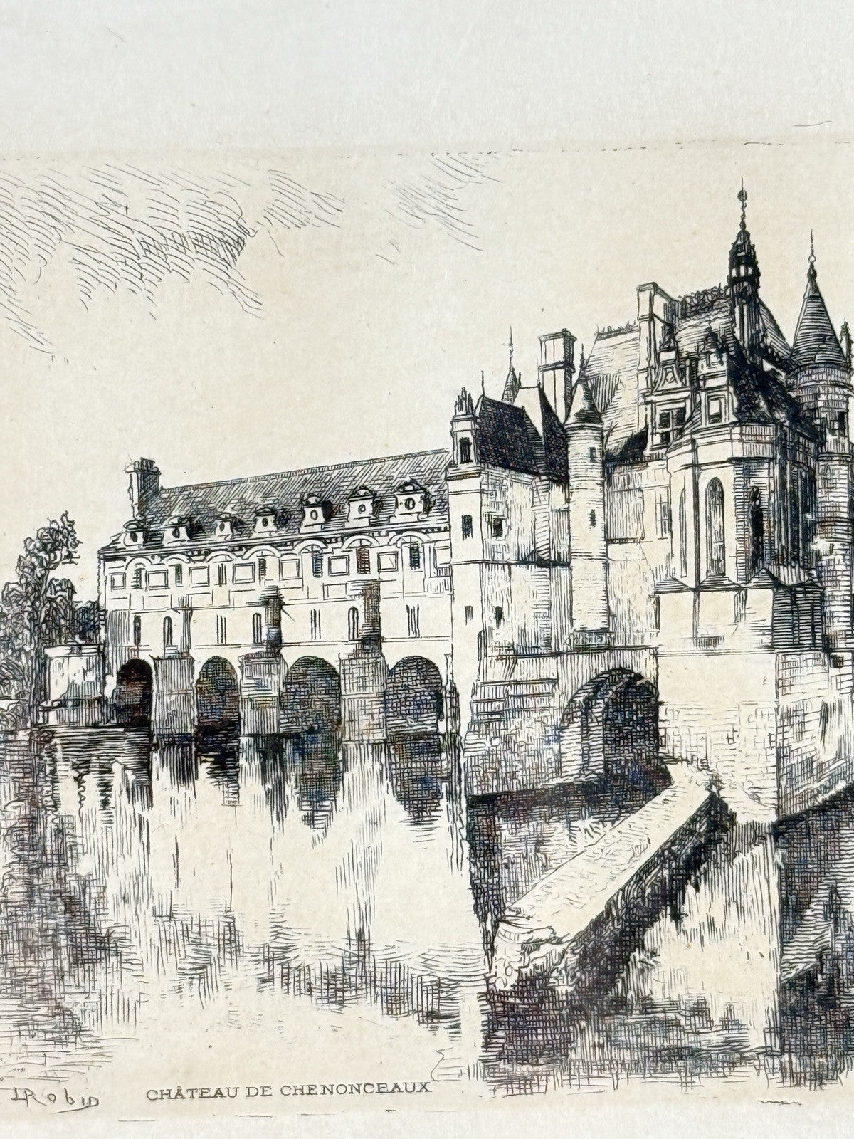 French Castle Vintage Château de Chenonceaux Framed Etching Print Art Drawing.3