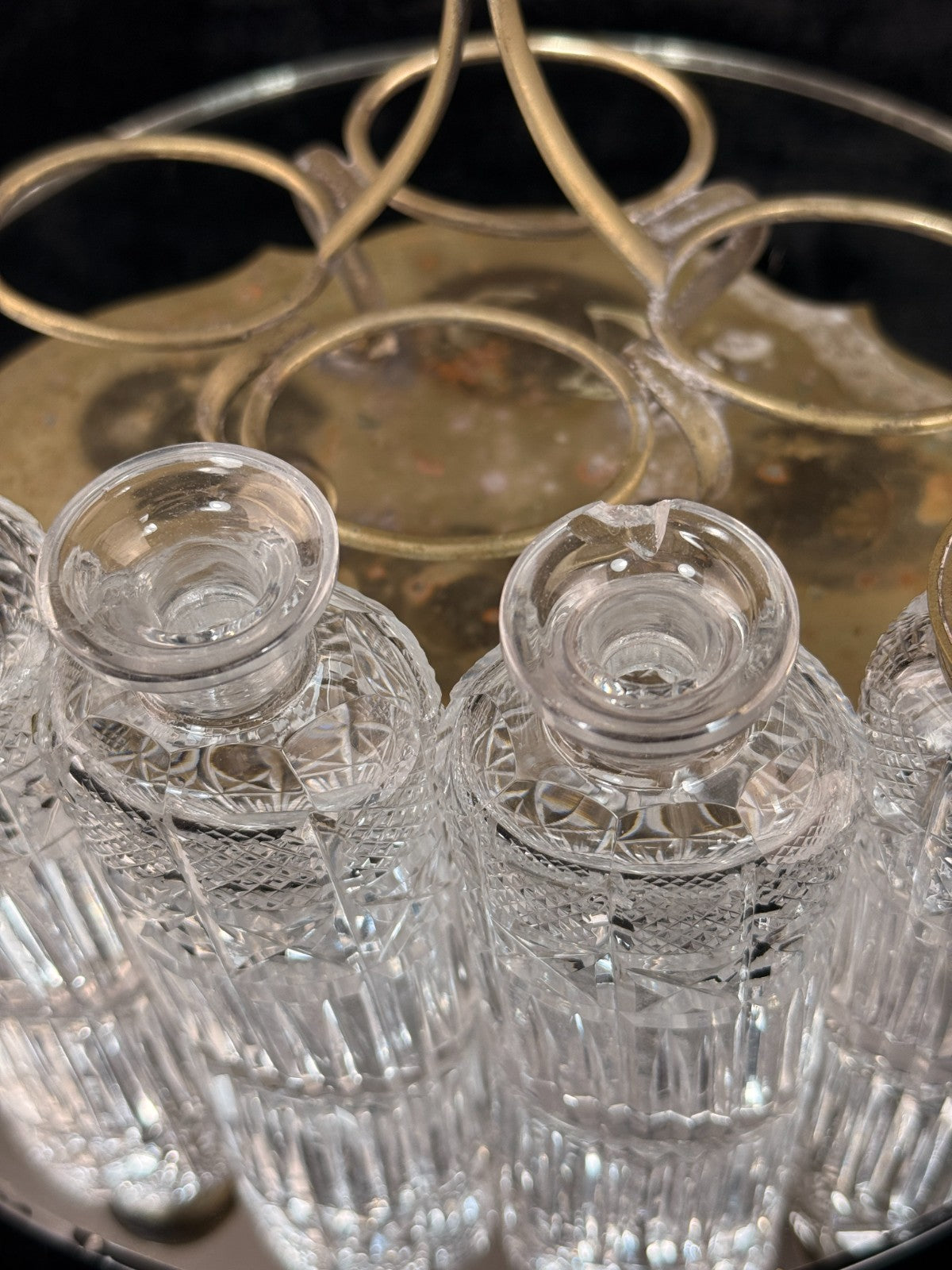Antique Brass & Cut Glass Cruet Set Four Bottle Table Castor Stand Marked EPNS.10