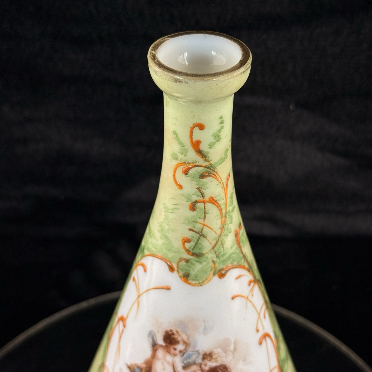 Antique Cherub Porcelain Vase Hand Decorated Putti Scene Gold Green Gilt decor7