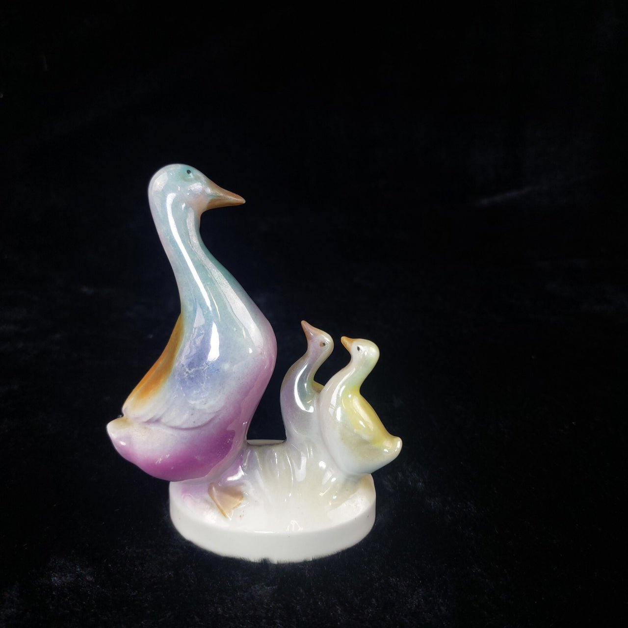 Antique Porcelain Duck Figurine Iridescent Pastel Trio – Foreign Mark 7, 4" Tall5