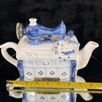 Thumbnail for Novelty Machine Sewing Teapot White Blue Gold Ceramic Stitching Theme see pics2