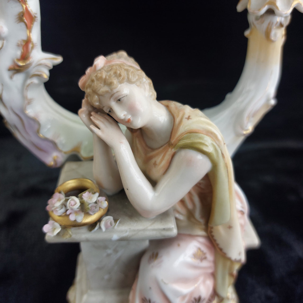 Antique German Victorian Porcelain Flowerscandle hold Candelabra Lady Gold Gilt8