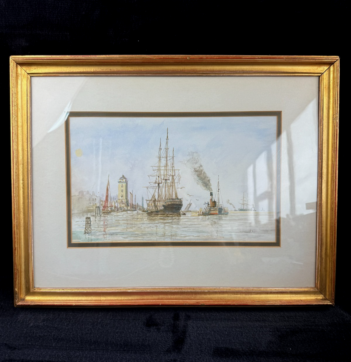 Antique S.L. Signed Watercolor wood gold framed- A London Harbor Scene.0