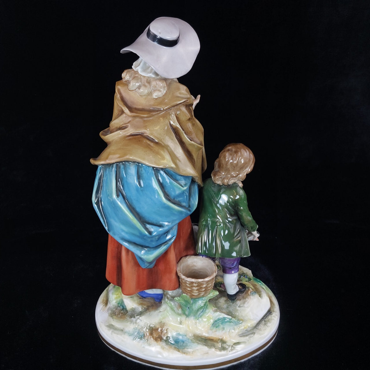 Volkstedt Figurine Porcelain Woman Child Dog Crown N Mark 30cm/12in German 1489g7