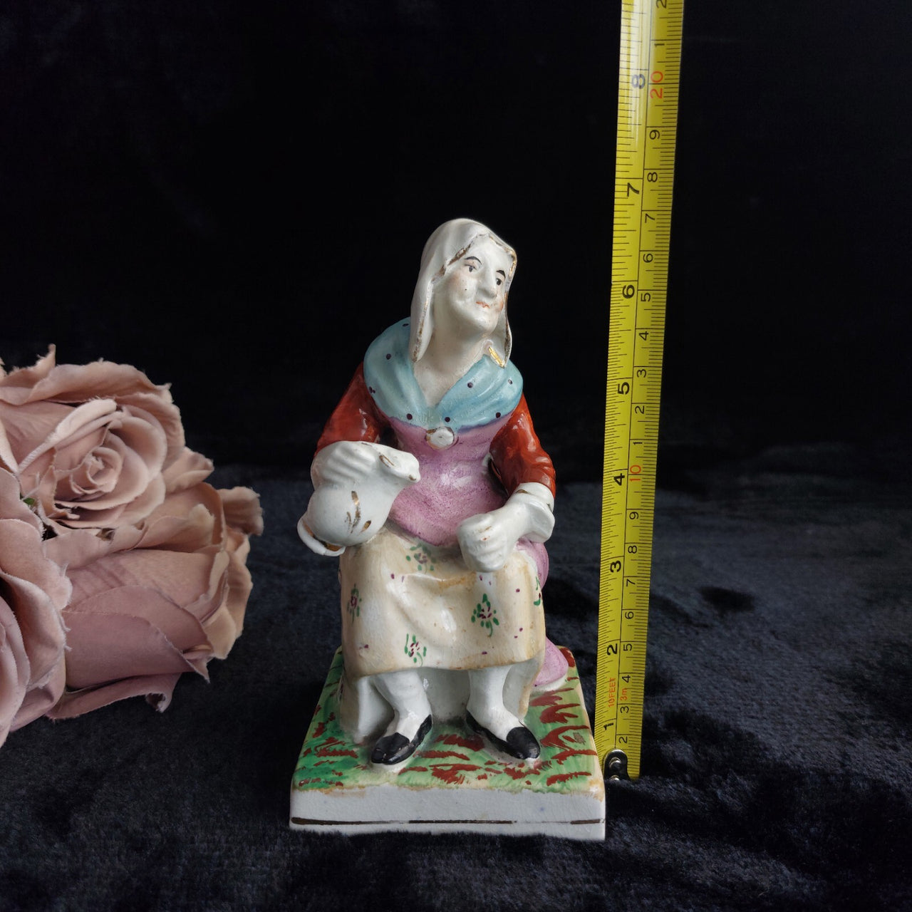 Antique Staffordshire Figurineâ Woman bluescarf , holding Teapot Painted 1880.1