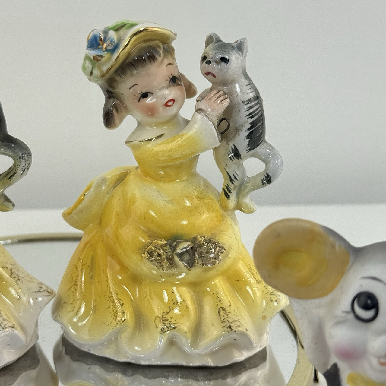 Vintage Korea Figurines Girl with Cat & Mice Set Hand Painted Ceramic 1950s4