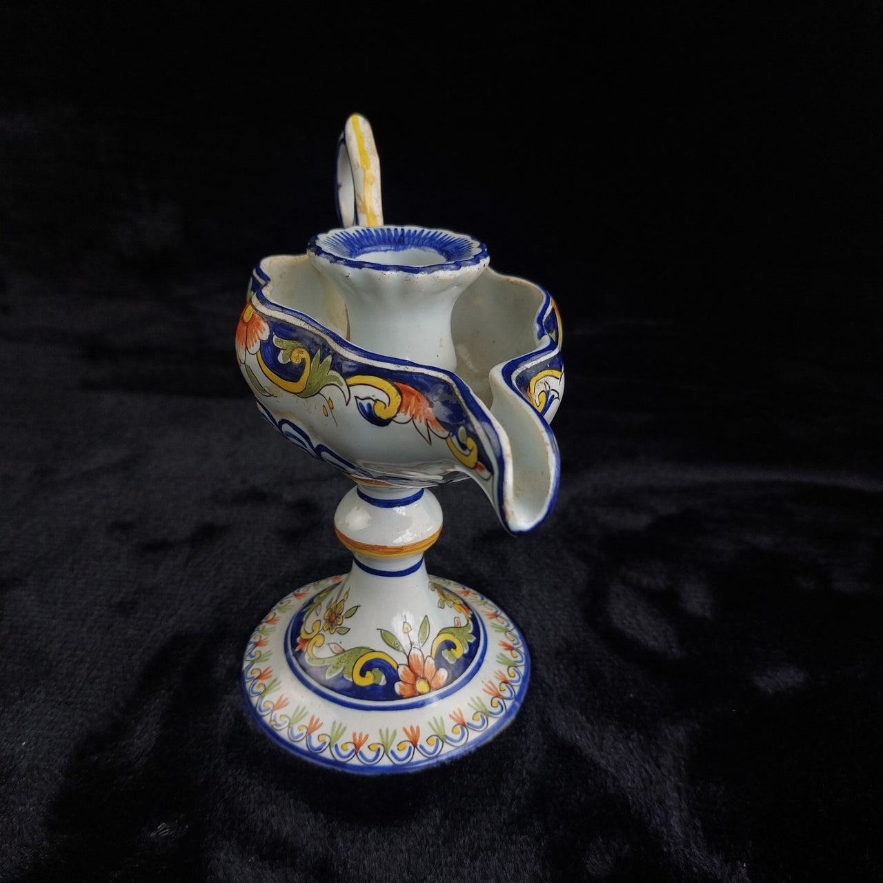 Italian Antique Majolica Faience Candle Holder Floral Hand Painted Coat of Arms 5