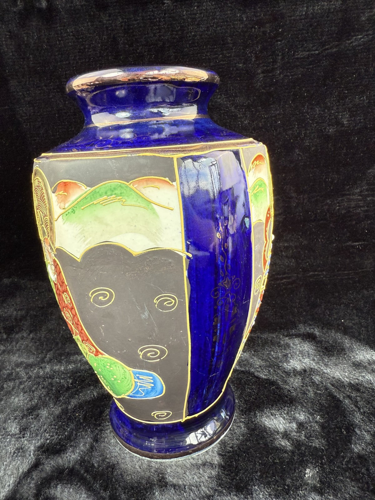 Oriental Hand-Painted navy blue Vase - 'Foreign' Mark Antique Porcelain Satsuma.4