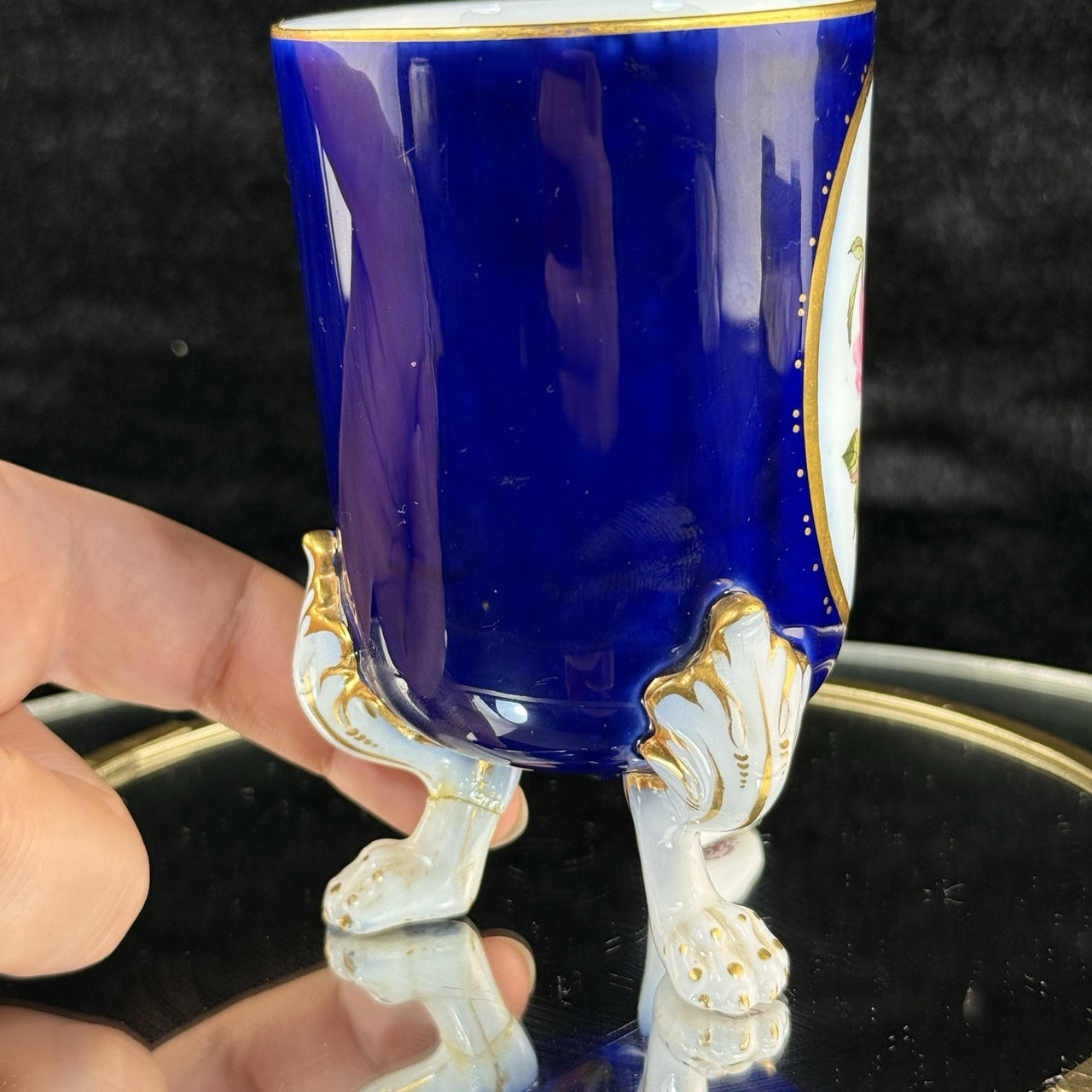 Royal Worcester Tripod Vase Blue Cobalt Pink Rose Hand Painted Gilt Antique Styl16