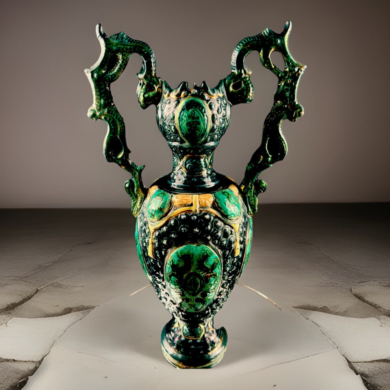 Romano Majolica Style Ornate Green Vase Glazed Ceramic 15” Antique Vase0