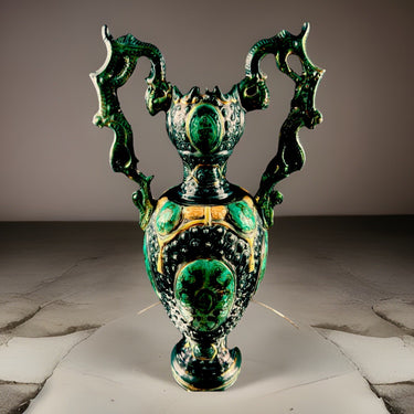 Romano Majolica Style Ornate Green Vase Glazed Ceramic 15” Antique Vase0