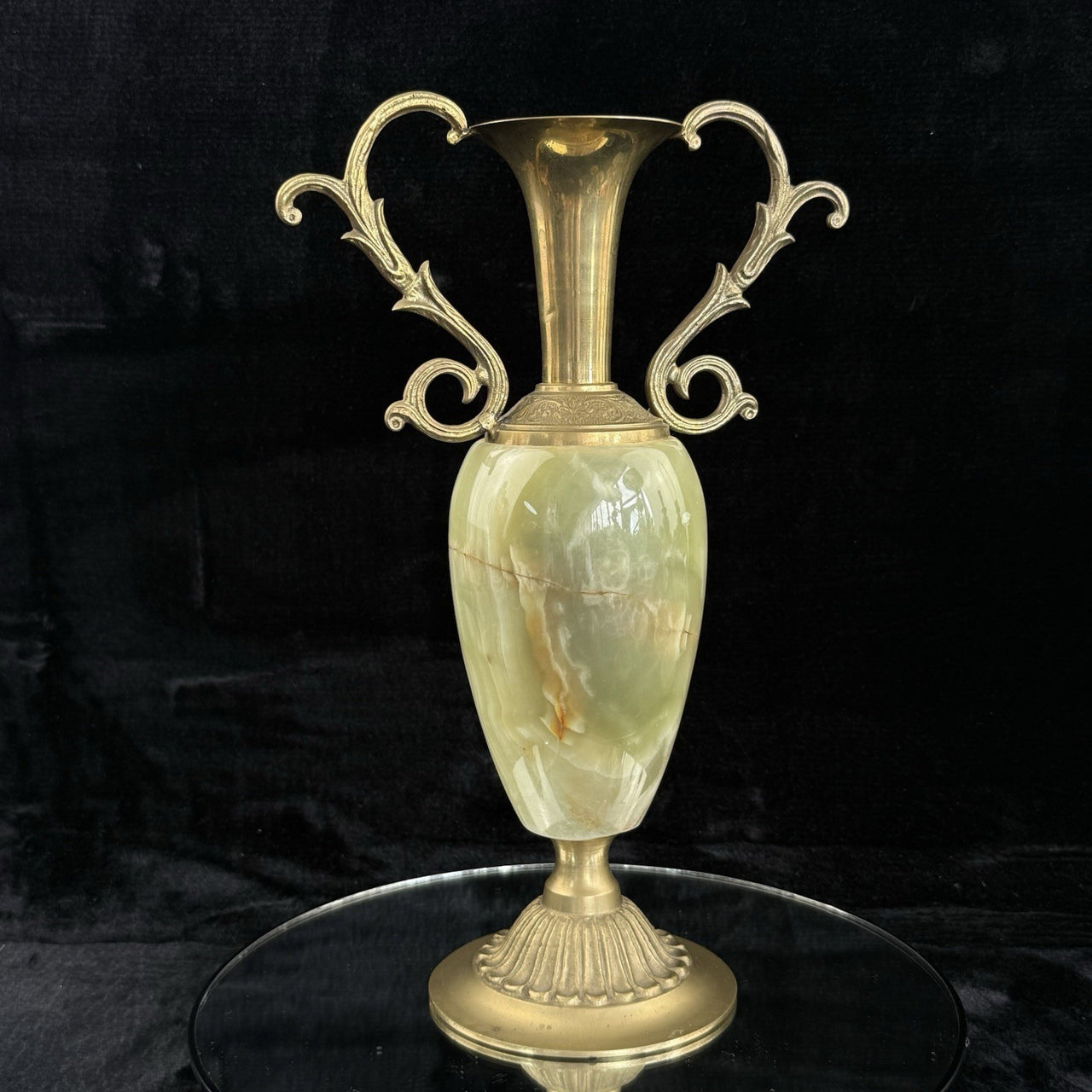 Pair of Brass & Green Onyx Marble Urn Vases Ornate Handles Decorative 35cm3