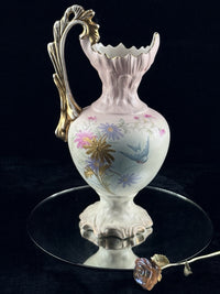 Thumbnail for Victorian Style Floral Pitcher Vase Pink Gold Handle Bird Flowers 13