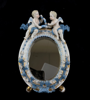Antique French Style Porcelain Mirror with Cherub Figurines repaired leg0