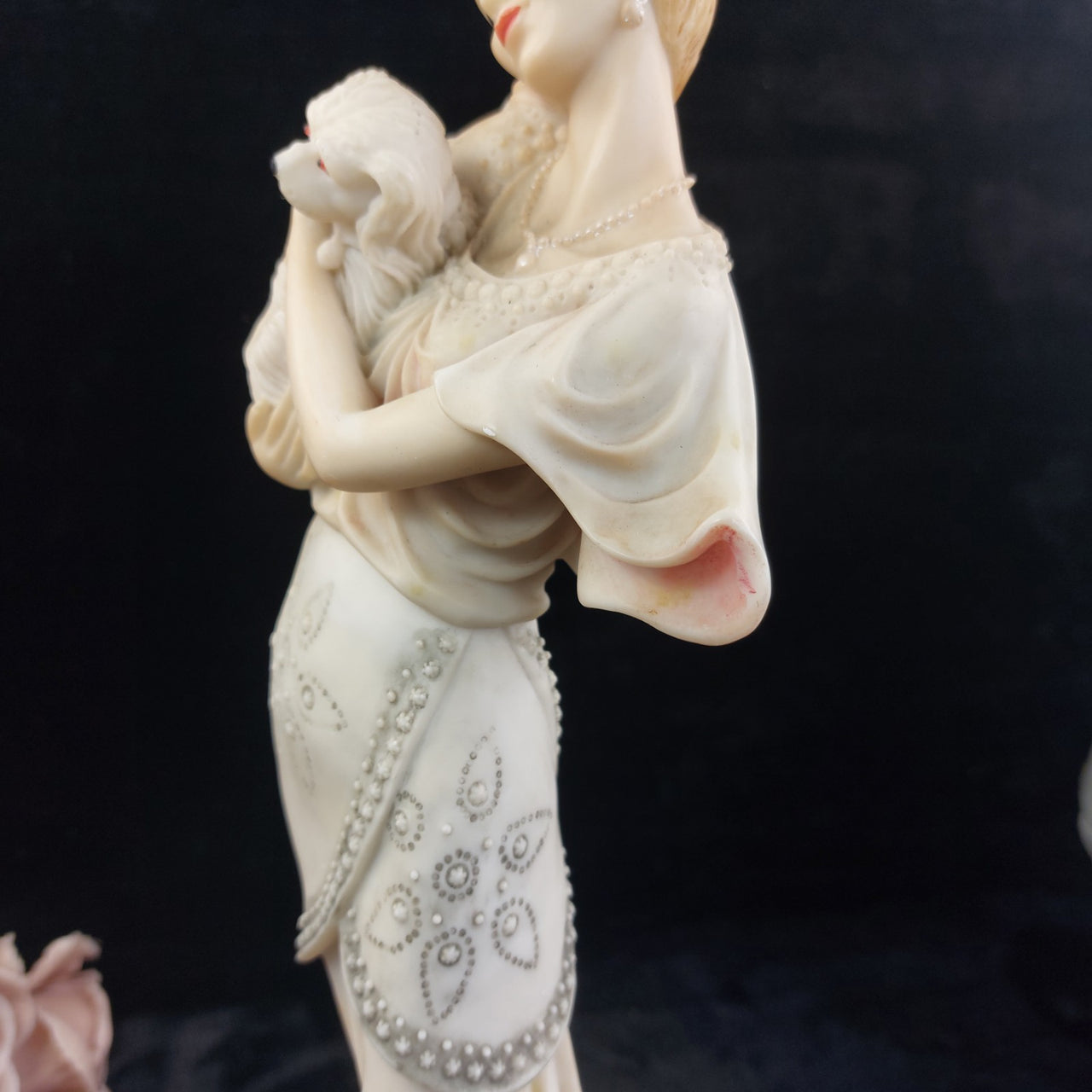 Juliana Collection 15in Figurine, Tall Lady with Dog, large Resin Art Deco Beige13