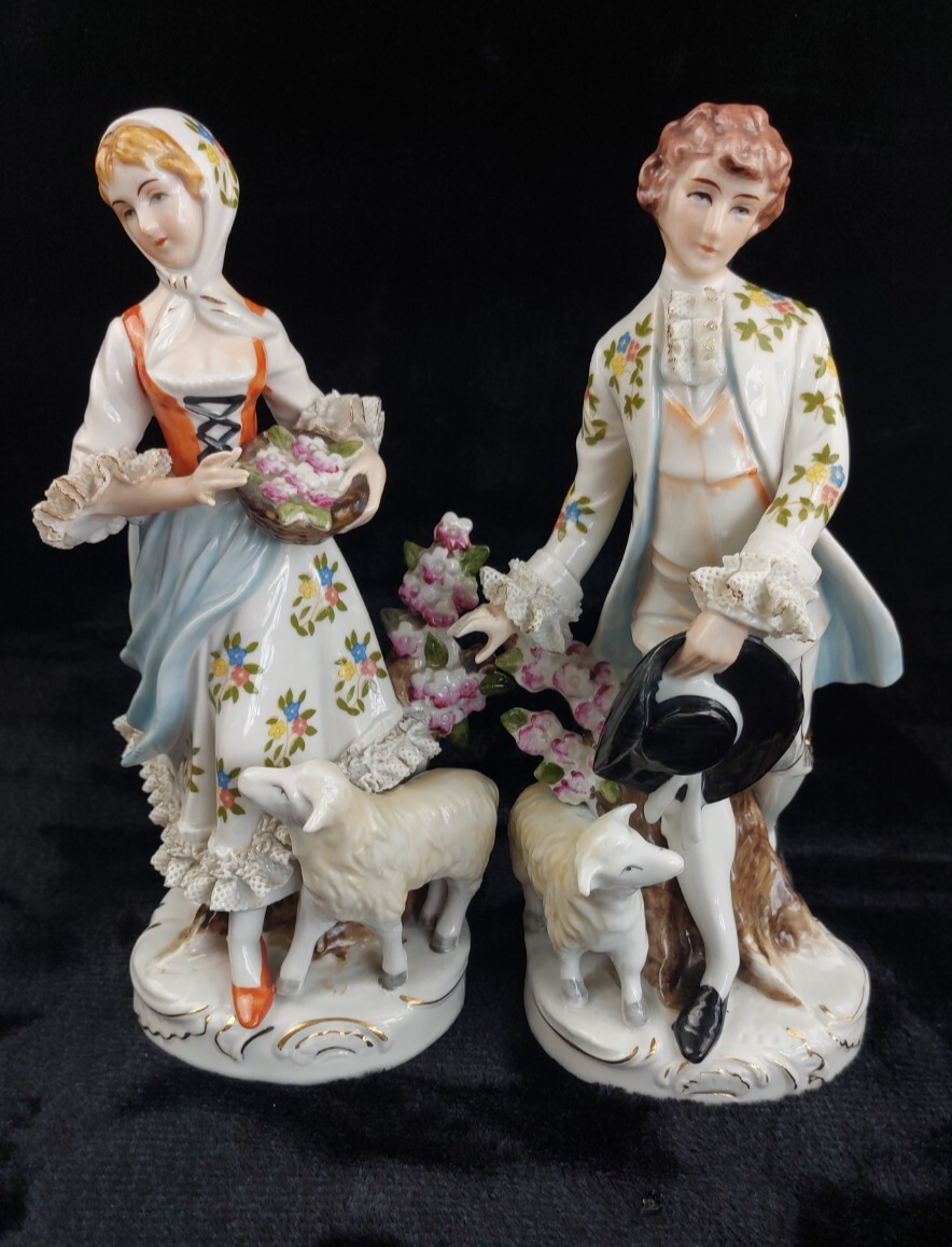 German Porcelain Figurine Pair Shepherdess & Shepherd Sheep 10" gift see pics1