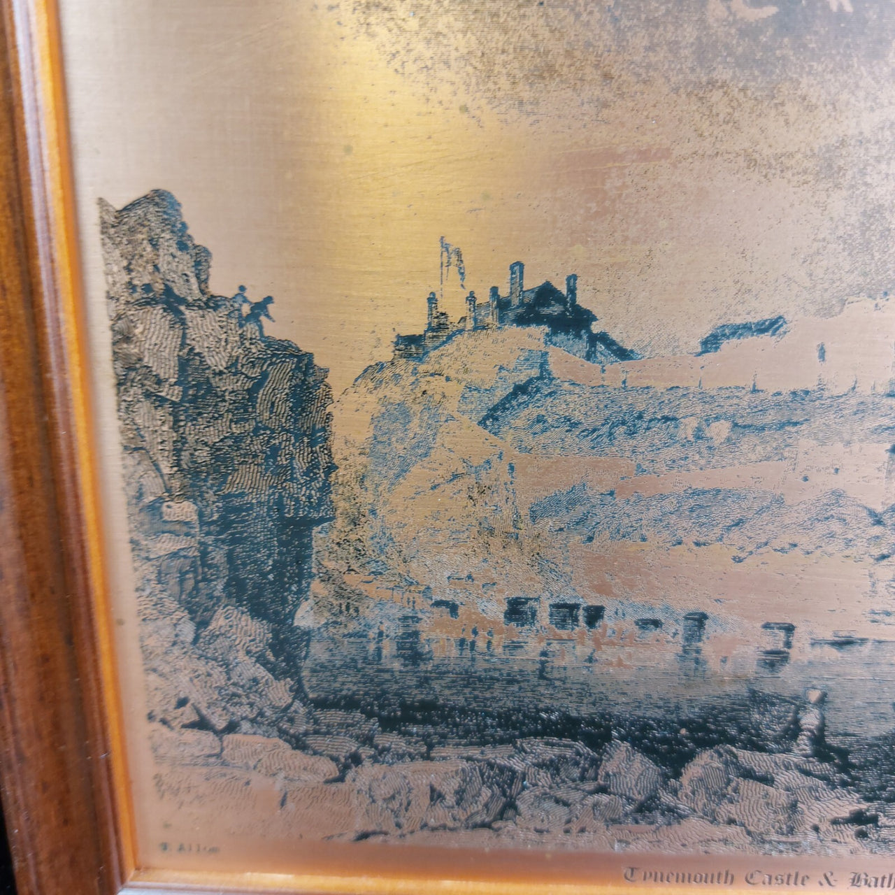 Copper Engraving Art Tynemouth Castle & Bathing Place7"x9.75" wood Framed 1834  3