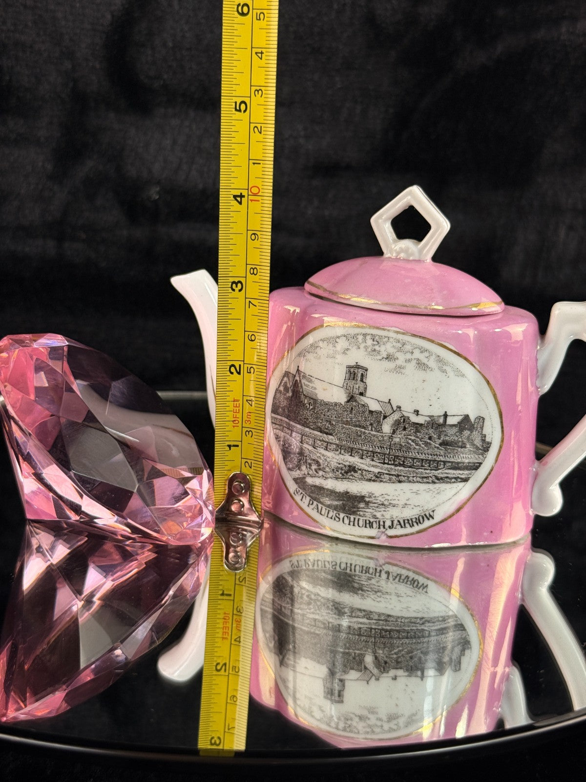 Clear & Pink Collectibles Lot - Miniature Souvenir Teapot & Crystal Diamond Rare5