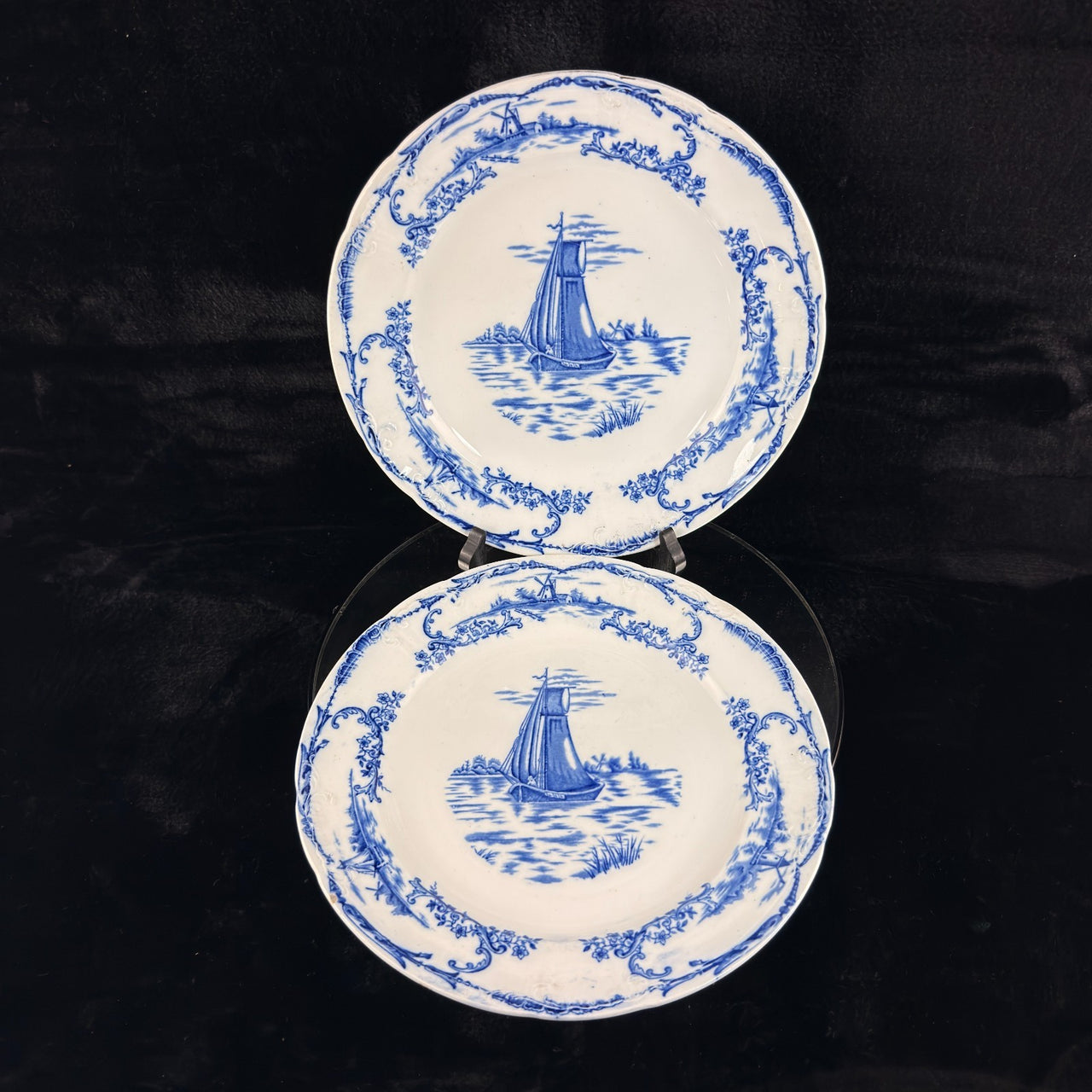 1890s plate antique Delph Blue & White Transferware Plates Sailboat Scene x2 UK0
