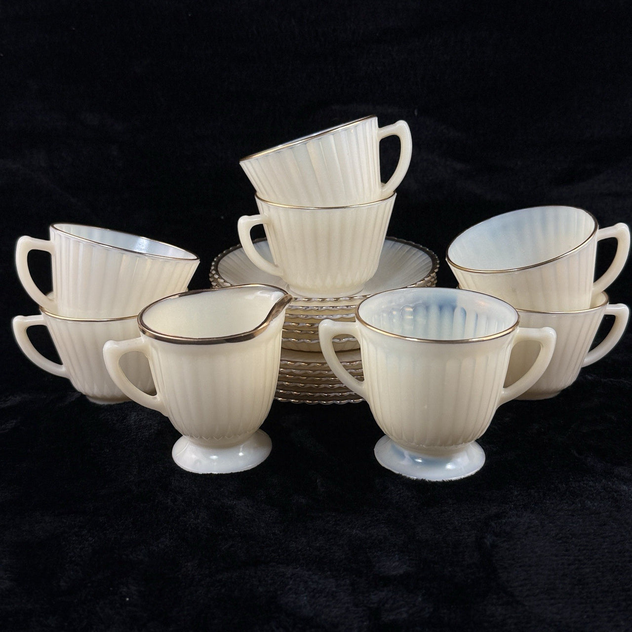 Macbeth Evans American Sweetheart Monax Milk Glass Tea Set 6 Cups Saucers Creame1