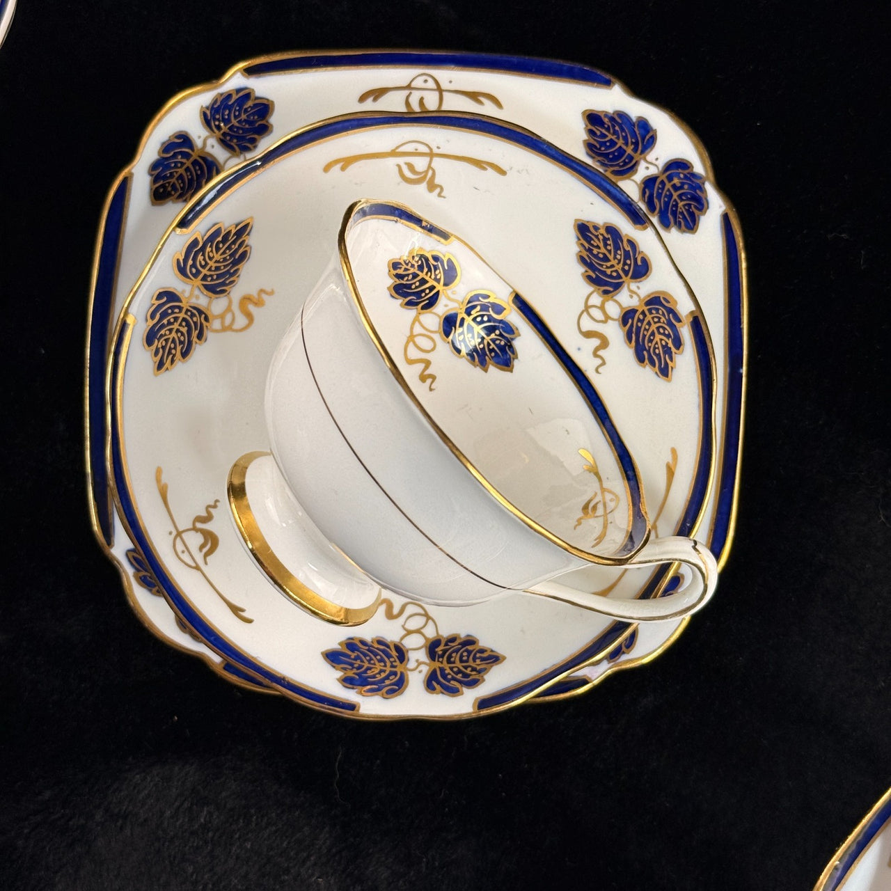 Rare Royal Crown Albert China 1930 Blue Gold Leaf Tea Set Trio x2 & Jug England8