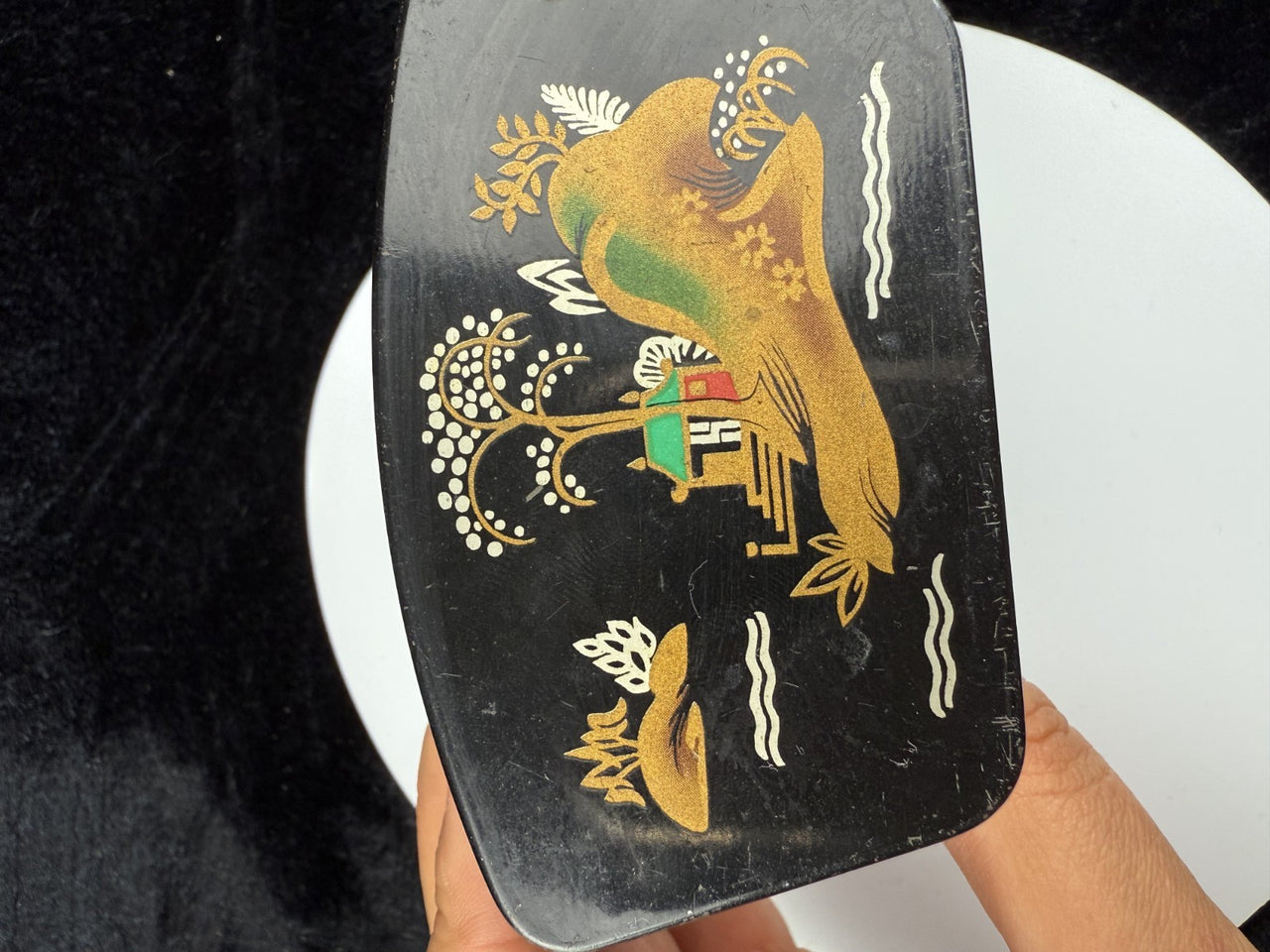 Vintage Quality Japanese Style Black Lacquer Trinket Box with FoldUp Lid, Hand5