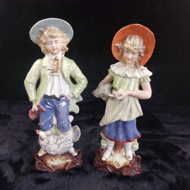 Antique Porcelain Boy Girl Figurines Chicken Poultry Farmyard Pair Accept 10.5