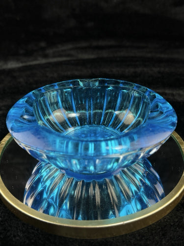 Murano Style Blue Glass Bowl Ribbed Swirl 5.5” Ashtray Trinket Dish Retro Art1
