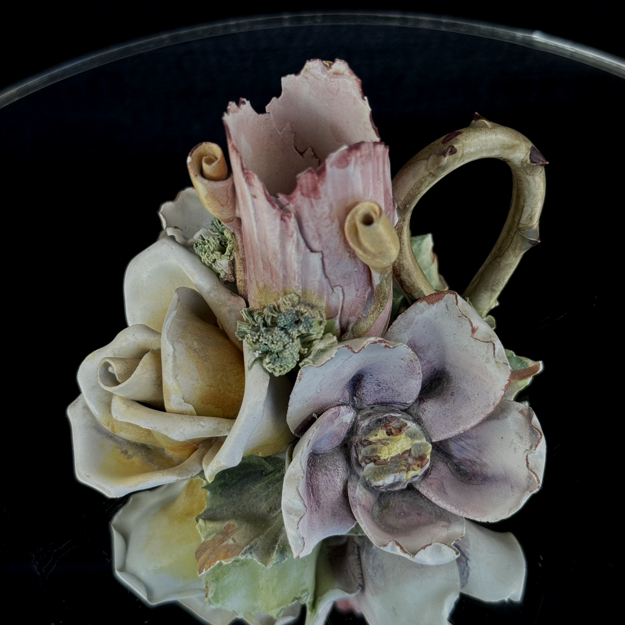 Capodimonte Style Porcelain Floral Figurine with Handle holder candle chipped6