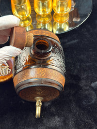 Thumbnail for Vintage Amber Glass Barrel Decanter Set with Tap 3 Glasses Tray & Wood Stand17