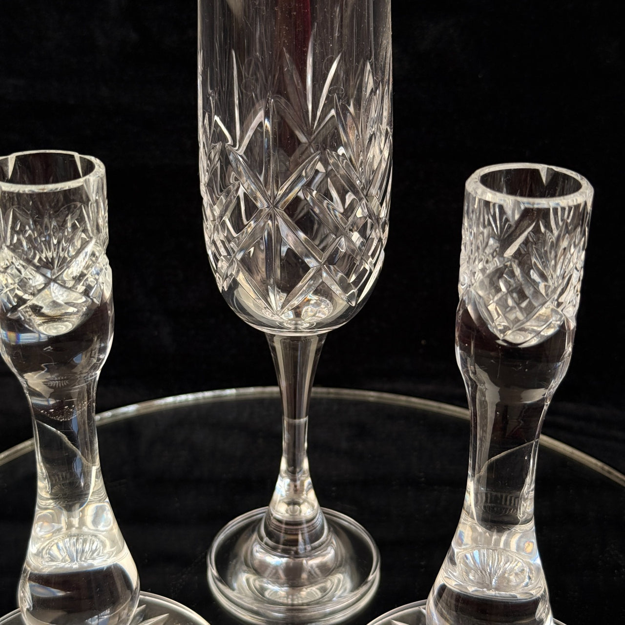Vintage Cut Crystal Glassware Set – 6 Champagne Flutes & 2 Candlestick Holders11