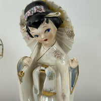 Thumbnail for Vintage Geisha Girl Figurines Pair 9” Ceramic Japan Style Kimono Parasol & Drum2