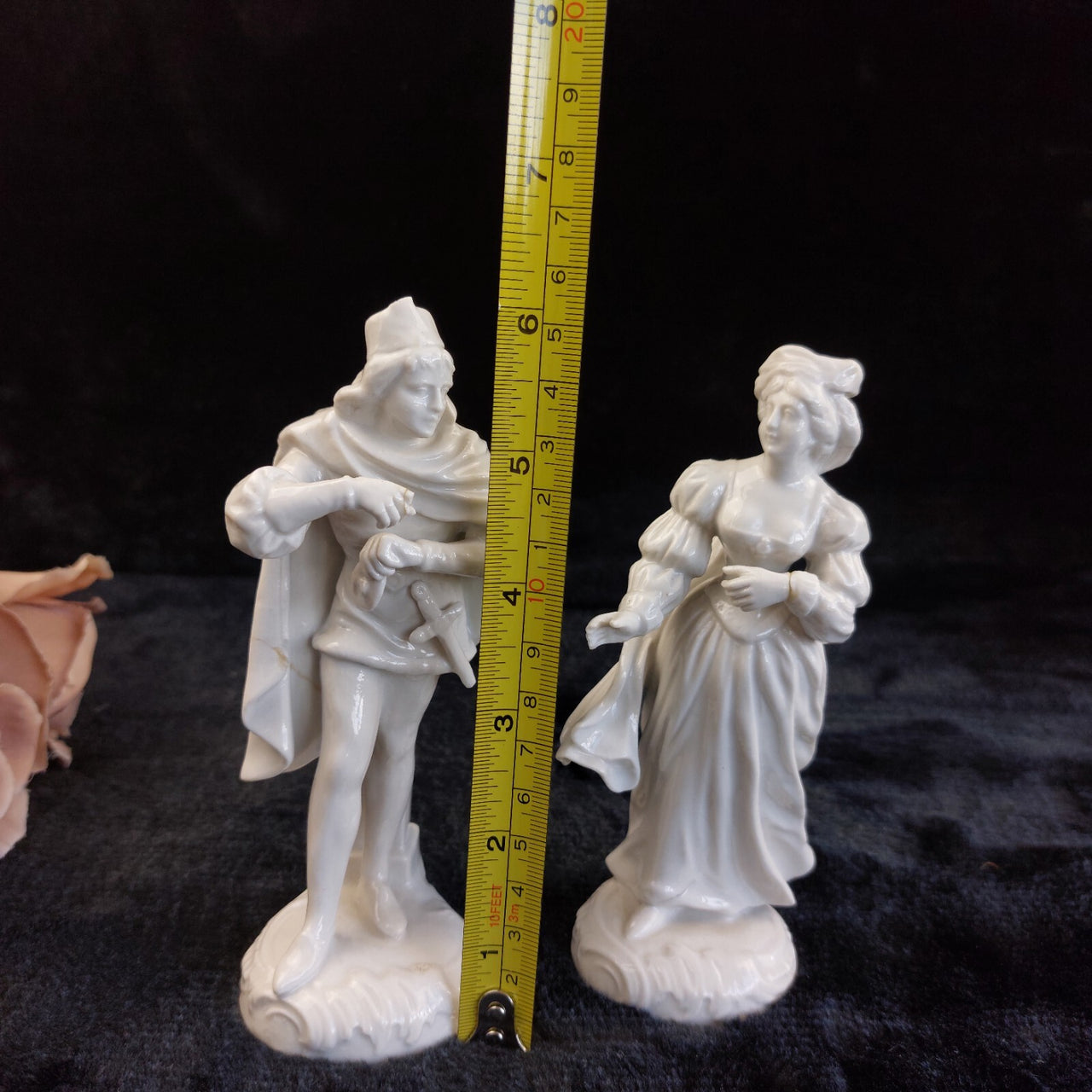 Antique Porcelain Figurines Pair Woman Man Medieval Style 6in Glazed damaged7