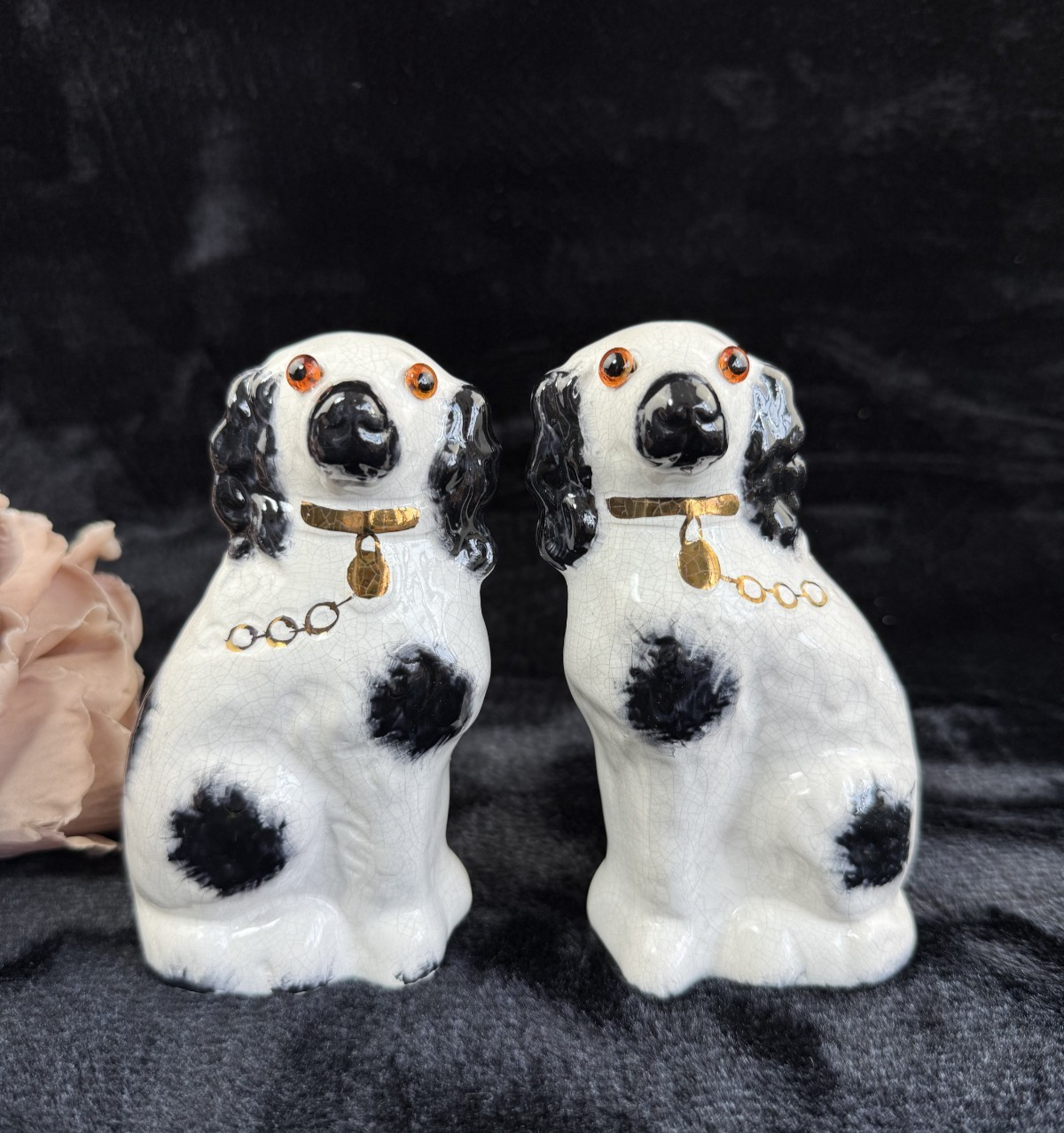 Antique Staffordshire Porcelain Black White Pair King Charles Spaniel Glass eyes4