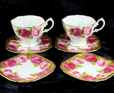 Royal Albert Old English Pink Rose Tea Set of 2 & 2 side plates Rose Gold 6 pc.1