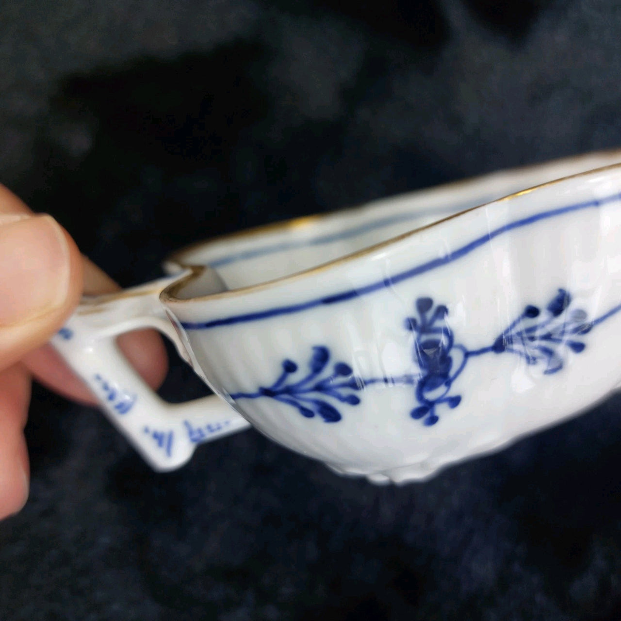 Antique 1870s Royal Copenhagen Blue Fluted Leaf Candy Dish Gold Edge 1st Quality2