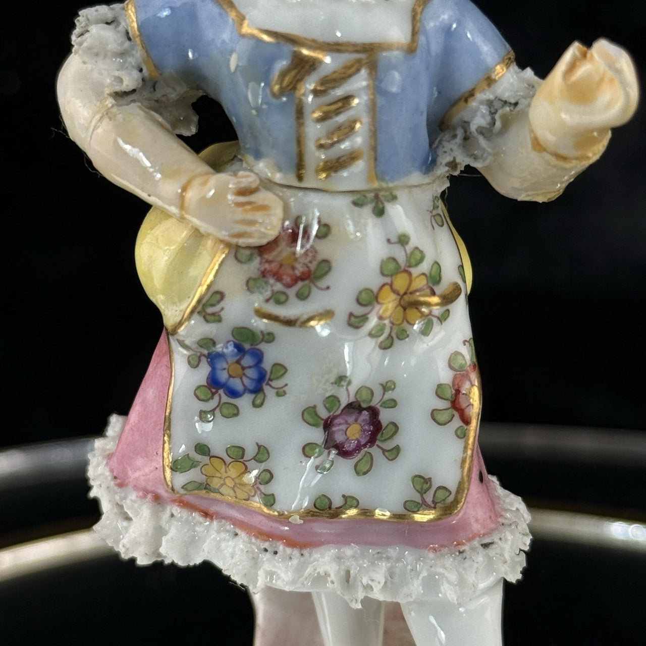 Antique German Dresden Figurine  Porcelain Woman Floral Dress Lace Trim Repaired9