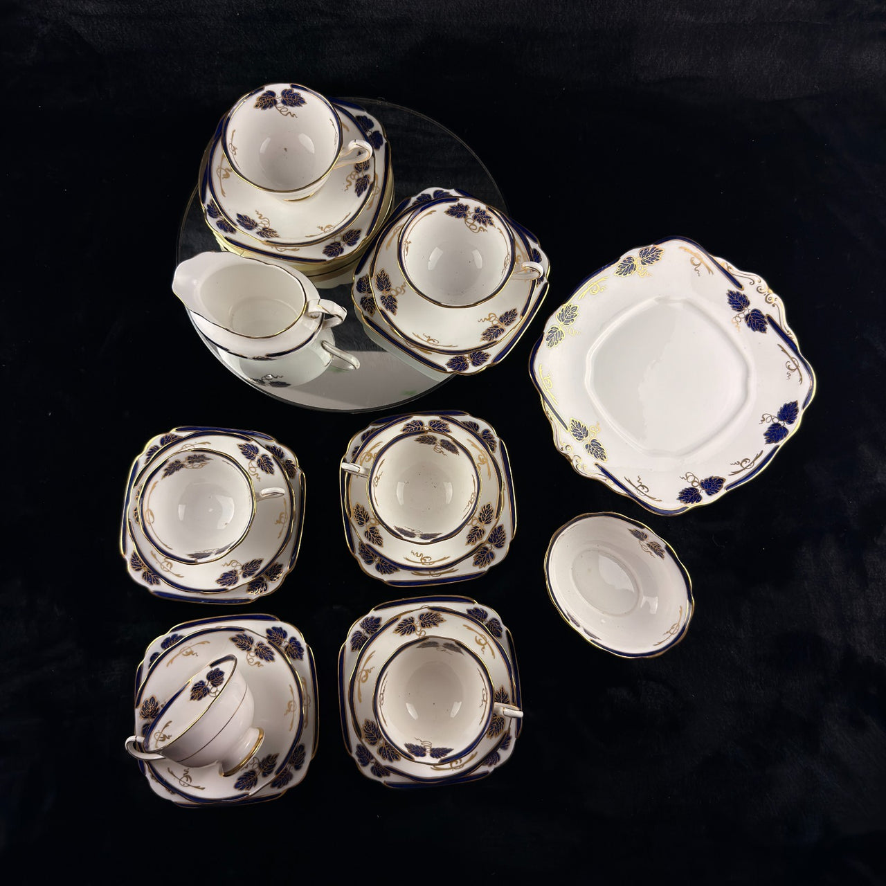 Rare Royal Albert Crown 1930s Blue Cobalt 2 Trios & Cake Plate Set England.22