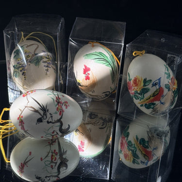 Boxed Easter Hand Painted Real Egg Shell Ornaments Set of 6 Chinese Bird Floral 0