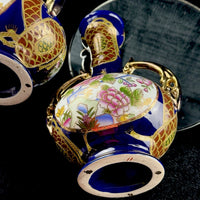Thumbnail for Japanese Blue Cobalt Porcelain Vases Pair Gold Gilt Floral Moriage Antique Decor23