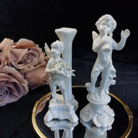 Thumbnail for Antique Italy Cherub Figurines Pair 6.5in Porcelain White Trumpet Flowers Damage1