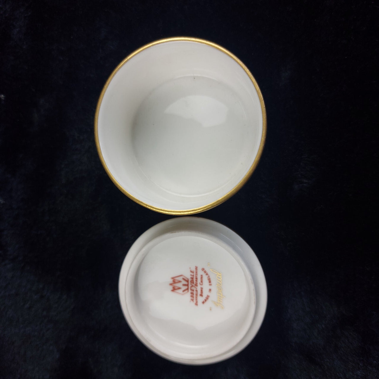 Abbeydale Imperial Bone Good China England Lidded Trinket Box Gold Red 2.5"x2"5