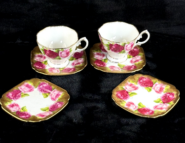 Royal Albert Old English Pink Rose Tea Set of 2 & 2 side plates Rose Gold 6 pc.0