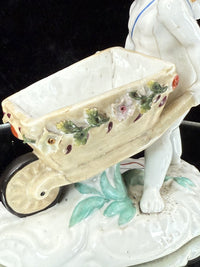 Thumbnail for Antique Cupid German Porcelain Figurine w Wheelbarrow Match Holder SPM see pics.14
